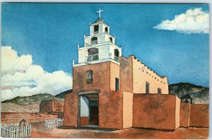 c1970s Santa Fe, NM San Miguel Church Watercolor Art Dawley Chrome Postcard A319