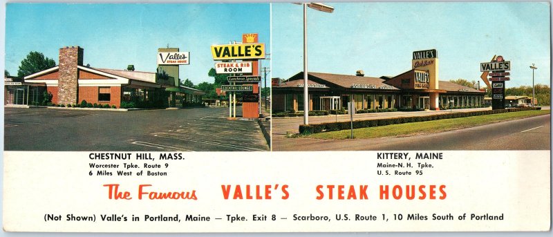 c1960s Chestnut Hill, MA / Kittery, ME Valle's Steak House Oversized Postcard 3S