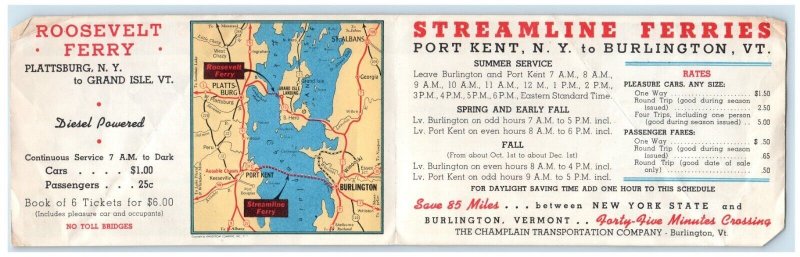 c1930's Streamline Ferries Advertising Pamphlet Boat Burlington VT Port Kent NY