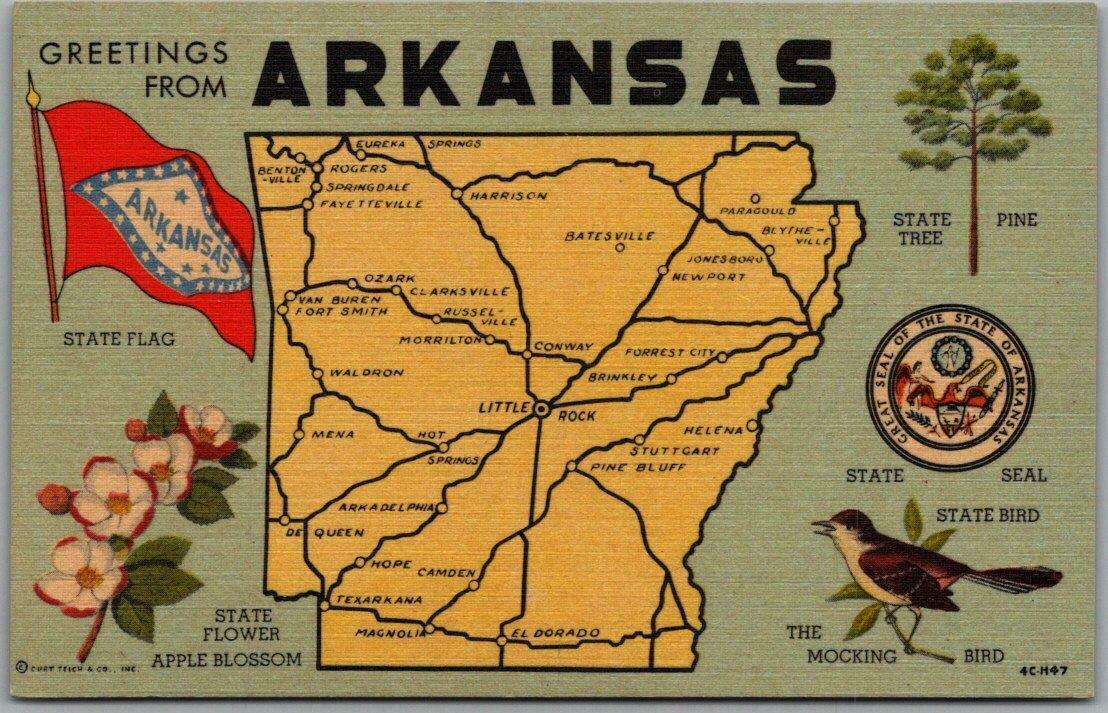 Vintage 1950s ARKANSAS State Map Postcard Flag Bird Flower Curteich Linen Unused United States