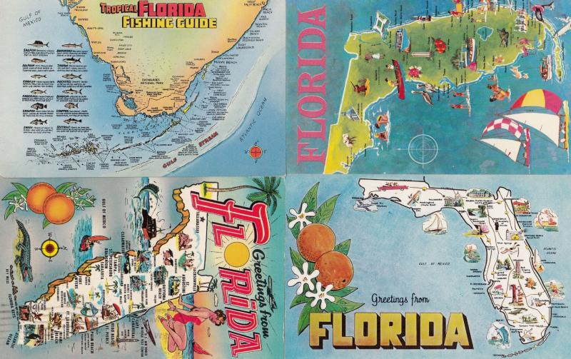 Florida Fishing Guide Sailing Boats 4x Vintage Map Postcard s