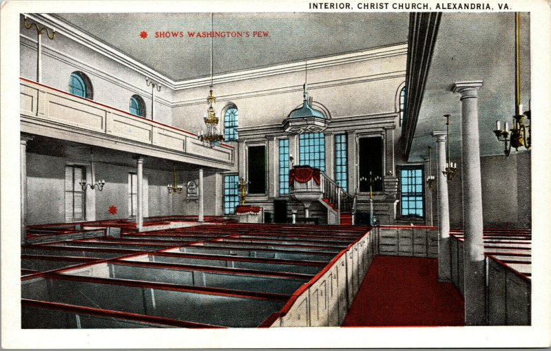 Vtg 1920s Christ Church Interior Washingtons Pew Alexandria Virginia VA Postcard