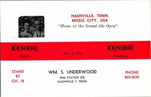 QSL Radio Card From Nashville Tenn. Tennessee KKN3849 