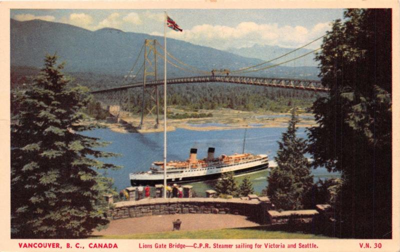 VANCOUVER BC CANADIAN PACIFIC RAILROAD STEAMER~LIONS GATE BRIDGE POSTCARD 1951