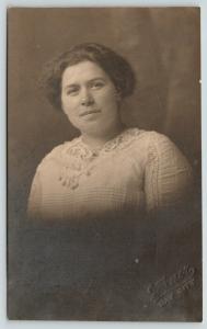 Bay City MI~James Verner Studio~Low-Key Portrait~Bust Shot~Short Hair~RPPC 1920s 