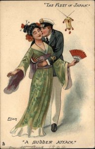 Japan US Navy Fleet Comic Geisha & Sailor Ellam Tuck 6717 c1910 Postcard