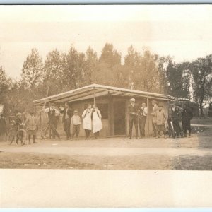 c1910 Group Boys Young Men Snack Bar RPPC Real Photo Postcard Bikes Camera A36