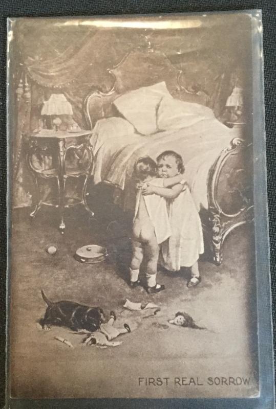 Postcard Unused “First Real Sorrow” Children hugging Broken Doll LB