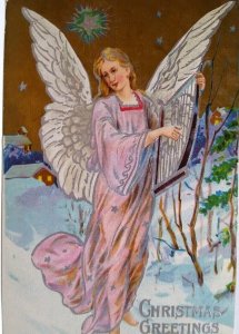Angel With Harp Christmas Greetings Postcard Vintage Embossed 1909 Silver Stars