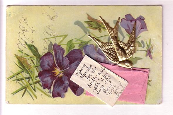 Appliqued, Metal Bird, Envelope with Note Inside, Pansies, Used in Canada