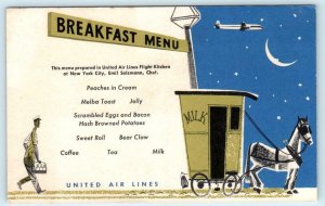 UNITED AIR LINES Airlines BREAKFAST MENU Milk Wagon Chef Emil Salzmann Postcard