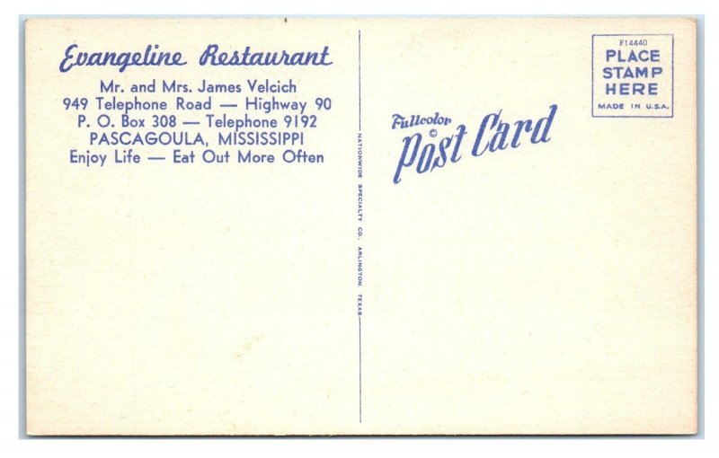 PASCAGOULA MS  Roadside EVANGELINE RESTAURANT  c1940s Linen Postcard