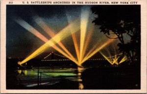 US Battleships Anchored In The Hudson River  New York City Linen Postcard C087