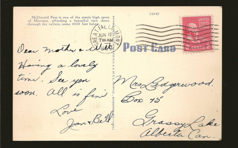 USA Postmark 1952 Great Falls Mont McDonald Pass Helena Montana Linen Postcard