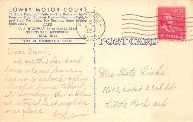 Greenville Mississippi Lowry Motor Court Vintage Postcard AA57241