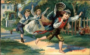 Thanksgiving Children Celebrate with Big Dead Turkey c1910 Vintage Postcard