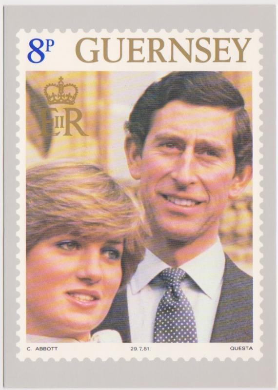 HRH PRINCE OF WALES AND LADY DIANA SPENCER WEDDING STAMP CARD - 8P - GUERNSEY