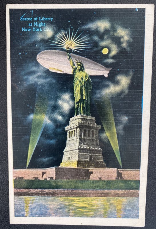 Mint USA Picture Postcard Statue Of Liberty At Night New York City Zeppelin