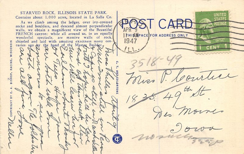 Starved Rock State Park Illinois 1947 Postcard The French Canyon 