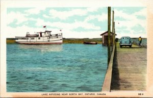 Postcard ON Lake Nipissing near North Bay Old Car Ship Wooden Bridge 1940s K61