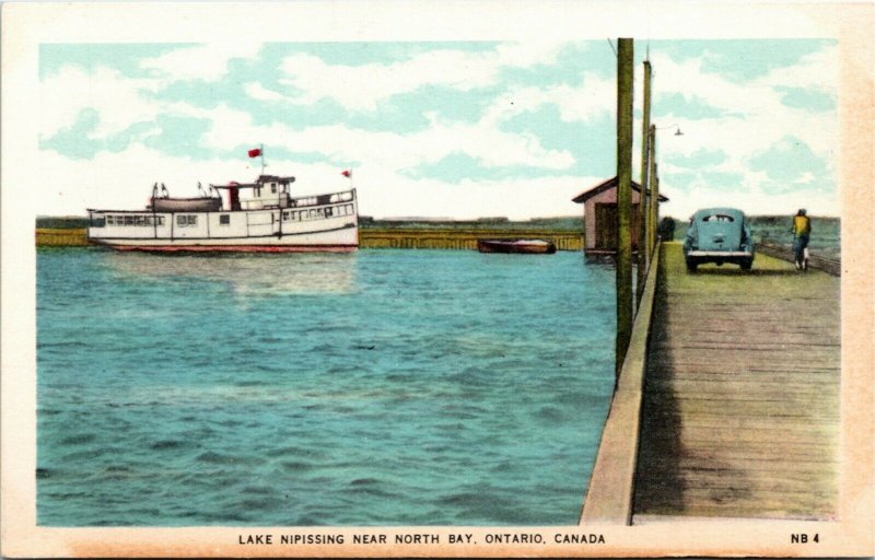 Postcard ON Lake Nipissing near North Bay Old Car Ship Wooden Bridge 1940s K61