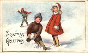 Christmas Children Cute Kids Snowball Fight c1910 Vintage Postcard