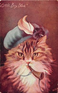 J22/ Cat Animal Postcard Pet c1910 Barnes Little Boy Blue Horn 280