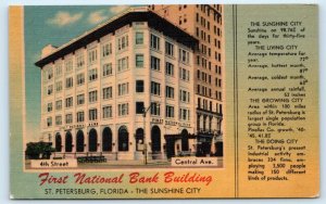 ST. PETERSBURG, Florida FL ~ FIRST NATIONAL BANK 4th & Central c1940s Postcard