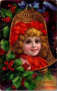 Merry Christmas Postcard Beautiful Young Blonde Girl Face Inside Gold Bell Holly