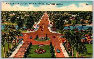 Vtg Florida FL Birdseye Street View Along Hollywood Boulevard 1940s Postcard