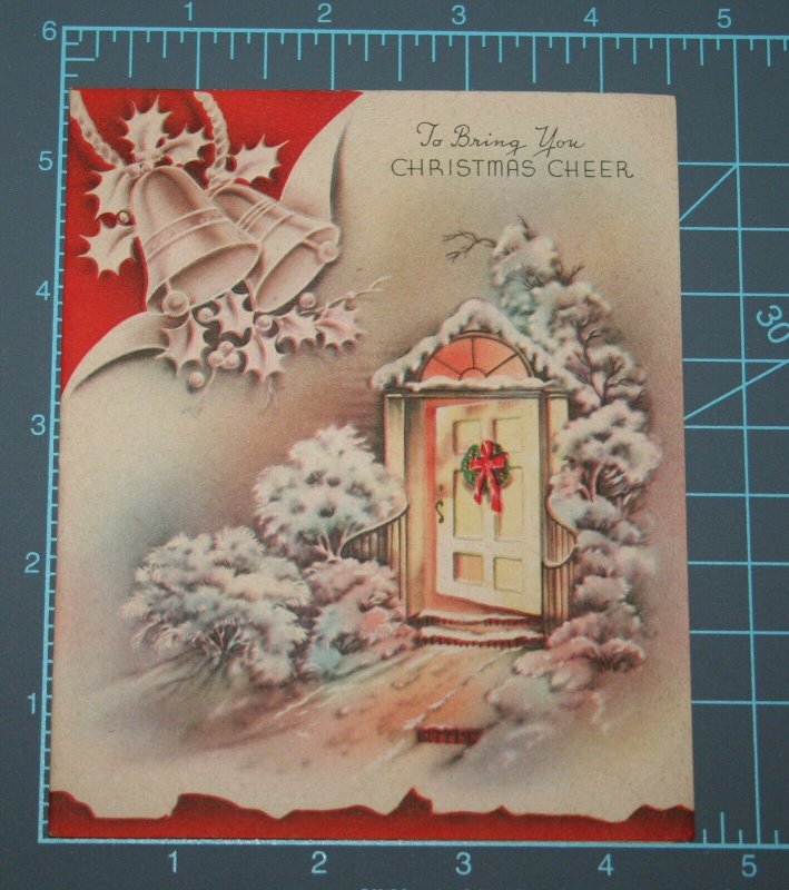 VINTAGE 1940s WWII ERA Christmas Greeting Holiday Card  SILVER BELLS Wreath Door