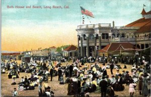 Postcard CA Long Beach Bath House & Beach Scene Fully-Clothed Crowd ~1910 V198
