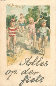 Multiple children riding bicicles 1900 caricature chromo postcard 