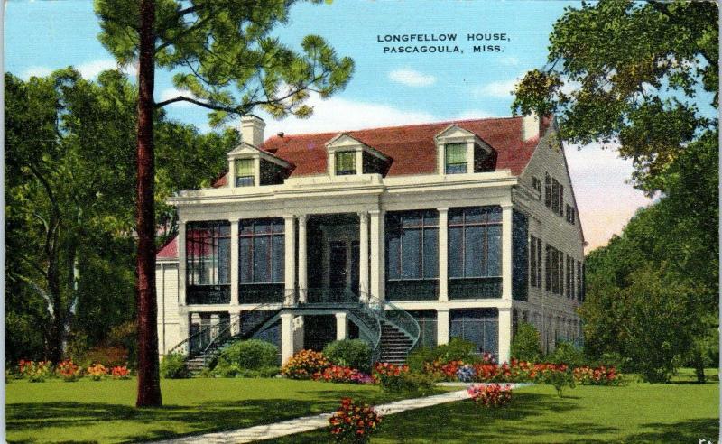 PASCAGOULA, MS Mississippi     LONGFELLOW  HOUSE     c1940s  Linen   Postcard