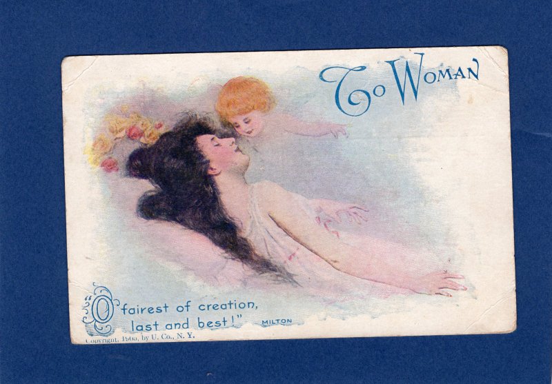 To Woman, Reclining Dark-Haired Lady With Cherub, Postcard, Vintage, Antique