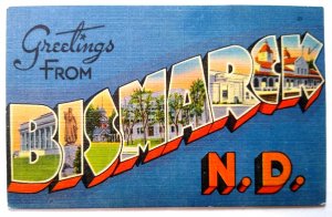 Greetings From Bismarck North Dakota Large Big Letter Linen Postcard Tichnor