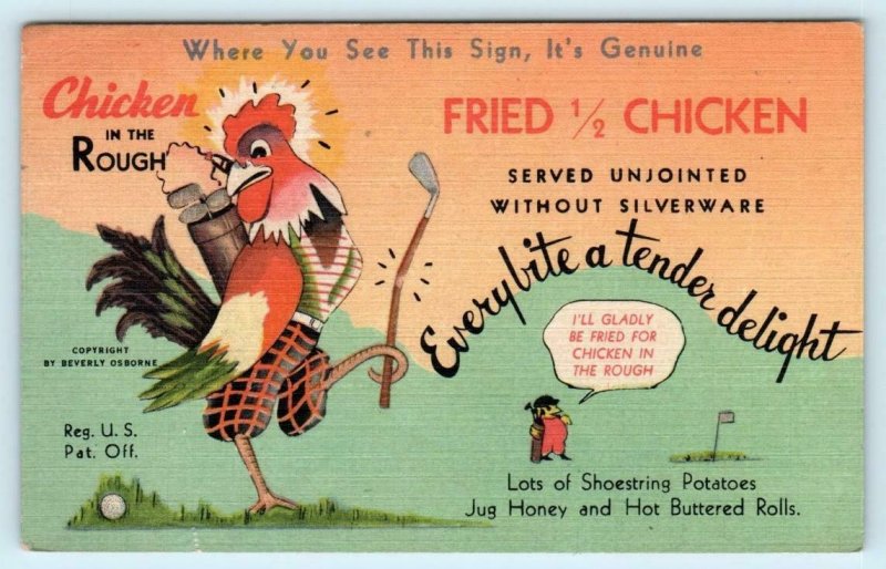 OKLAHOMA CITY, OK ~ Beverly's CHICKEN IN THE ROUGH 1953 Roadside Linen Postcard