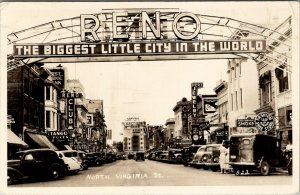 Reno Nevada RPPC North Virginia St Shops Cars Restaurants 1940s Postcard V20