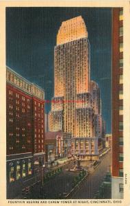 OH, Cincinnati, Ohio, Fountain Square, Carew Tower, Night Scene, Curt Teich