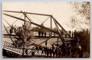 RPPC Main Street Wagon Bridge Wreck by Engine Locomotive Onlookers Postcard F29