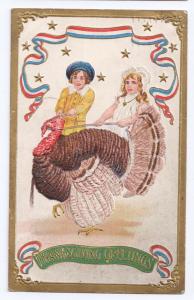 Patriotic Thanksgiving Postcard Children Turkey Embossed Gilt 1907 Flag Cancel