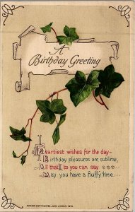 c1910 BIRTHDAY GREETING FLORAL IVY POETIC EMBOSSED J. WIRSCH POSTCARD 26-308