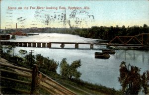 Appleton Wisconsin Fox River Scene Bridge Railway c1900-20s Vintage Postcard