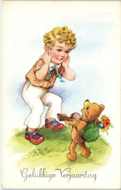 GELUKKIGE VERJAARDAG  -  Happy Birthday Greeting Boy with BEAR  c1940s  Postcard