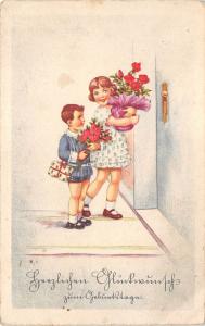 BG8863 boy and girl flower   geburtstag birthday greetings germany