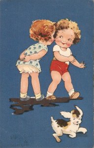 Children. Boy and girl walking with her pet Lovely old vintage artist drawn PC