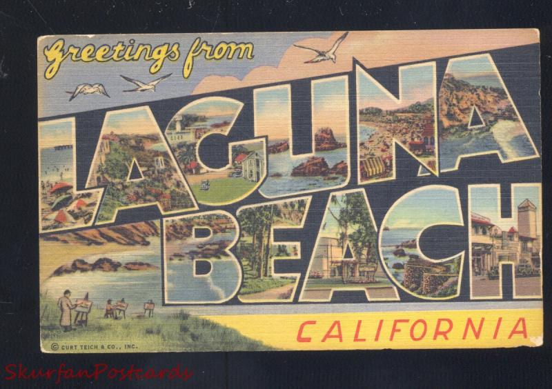 GREETINGS FROM LAGUNA BEACH CALIFORNIA LARGE LETTER LINEN VINTAGE POSTCARD