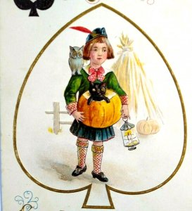Halloween Postcard Boy With Black Cat Owl Lantern Nash Embossed H-13 Spades 