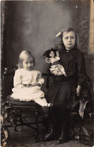 J38/ Interesting RPPC Postcard c1910 Cute Girls With Toy Doll 244