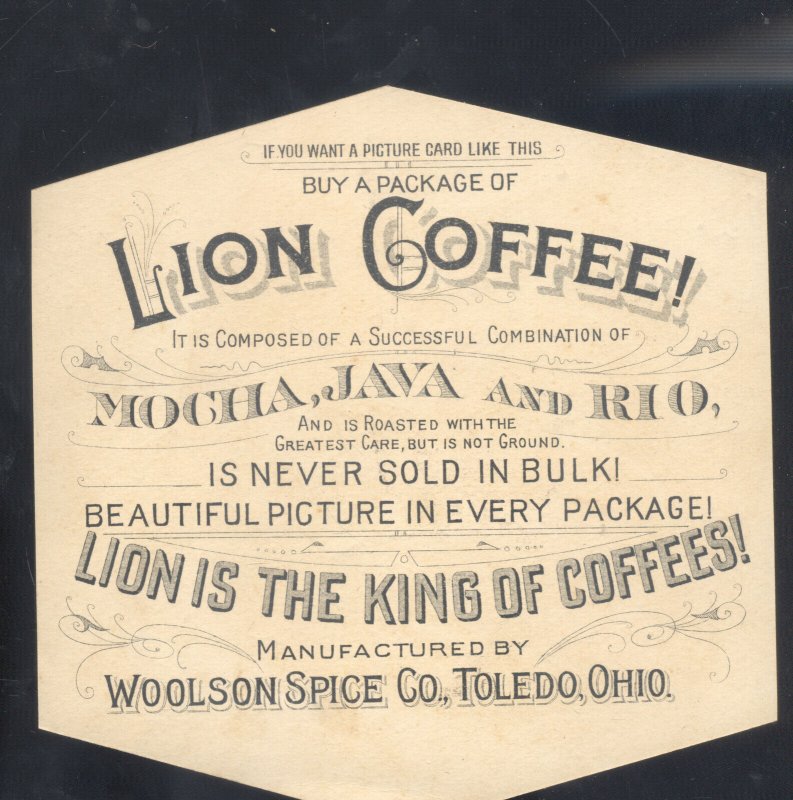 TOLEDO OHIO WOOLSON SPICE COMPANY LION COFFEE FLOWERY TEA VICTORIAN TRADE CARD